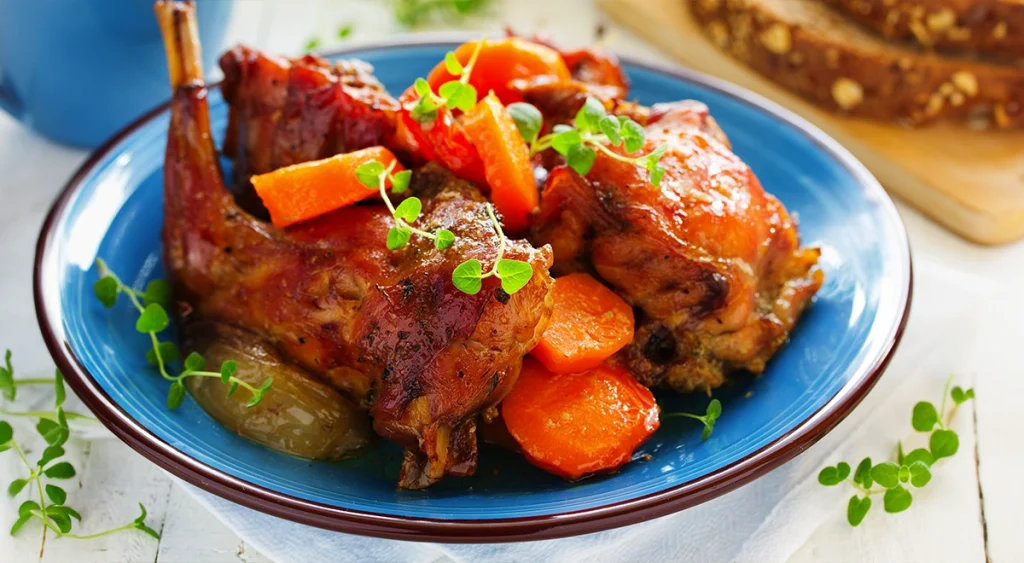 Delicioso plato de paletillas de conejo con verduras