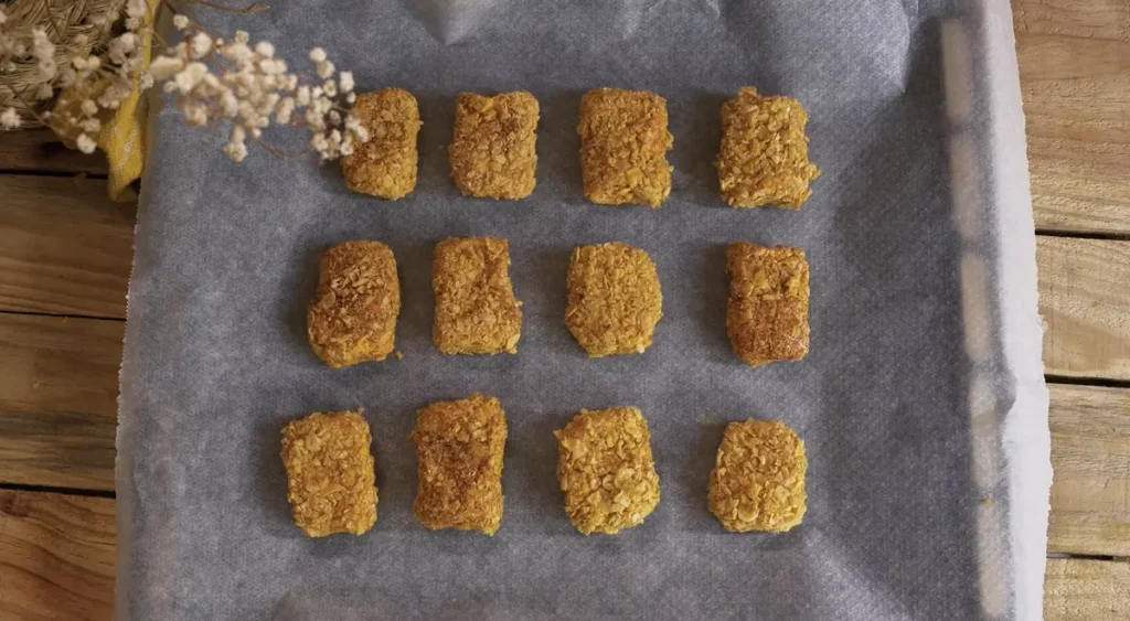 Nuggets de carne conejo sobre una bandeja de horno