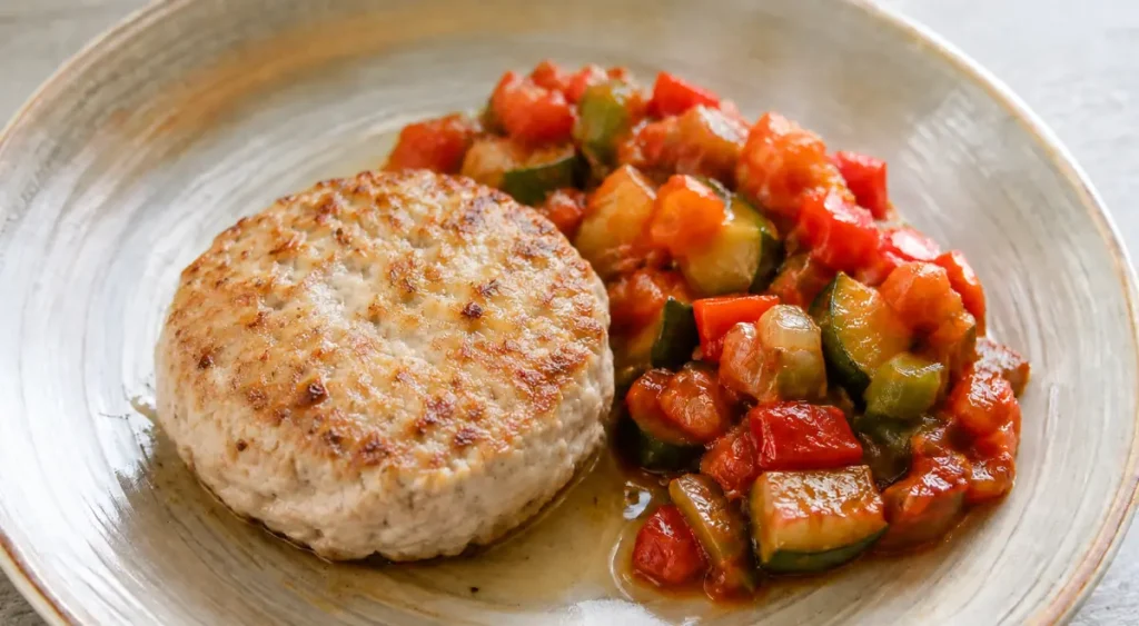 hamburguesa casera de carne de conejo y pisto de verduras